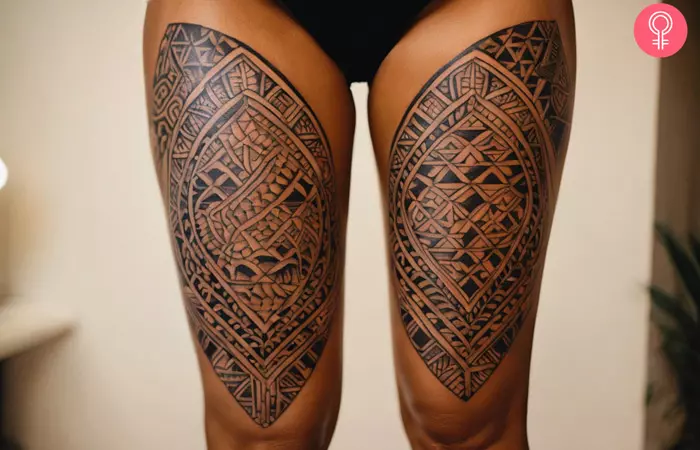 A woman with Tongan leg tattoos