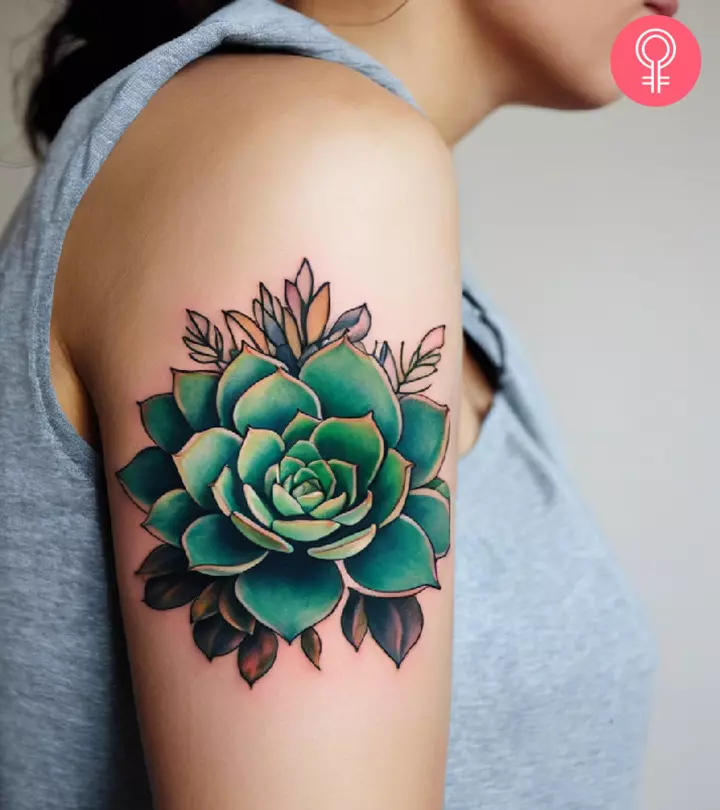 woman with succulent tattoo on her upper arm
