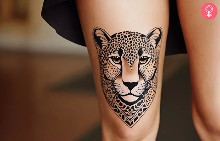 Traditional cheetah tattoo on a woman’s right leg