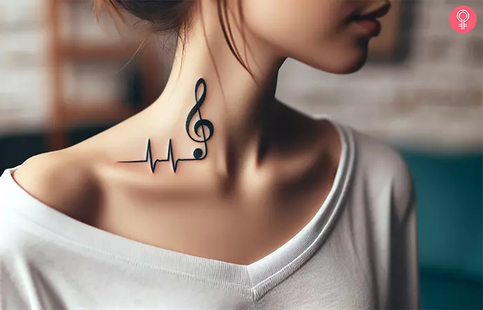 A woman with a treble clef heartbeat tattoo on her neck