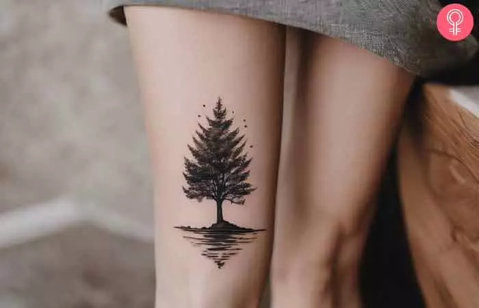 A woman with a tree landscape tattoo on her thigh