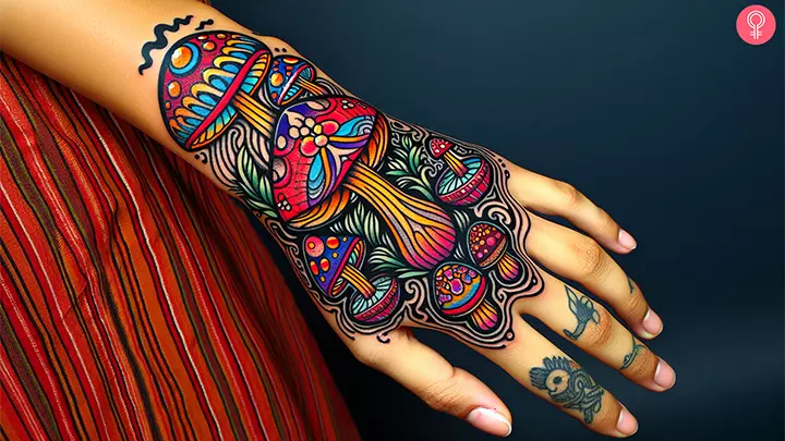 Woman with trippy mushroom tattoo on the back of her hand
