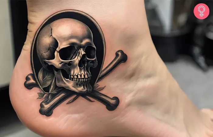 A woman with a vintage skull and crossbones tattoo on her ankle