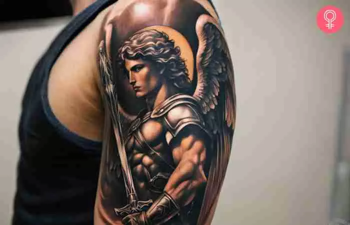 Warrior archangel Michael tattoo on the back of a man