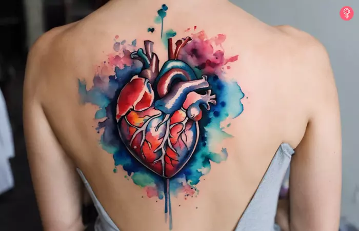 Watercolor anatomical heart tattoo on the back