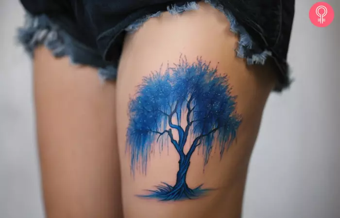 Weeping willow thigh tattoo
