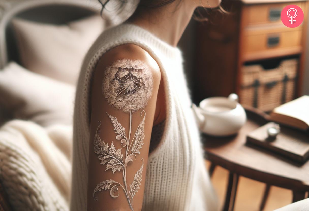 White dandelion tattoo on a woman's upper arm