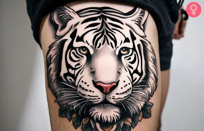 A man with a white tiger tattoo on his thigh