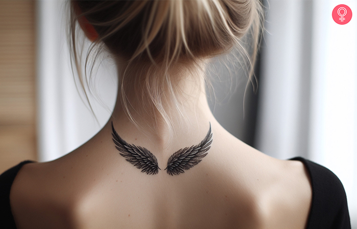 A woman with a wings tattoo on the neck 