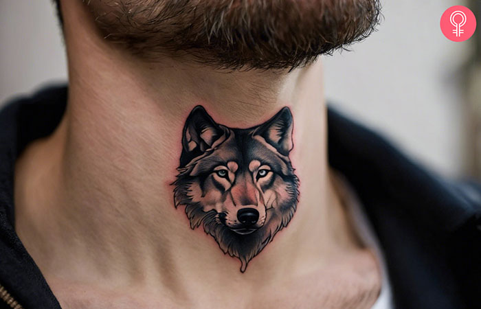 Wolf tattoo on the throat