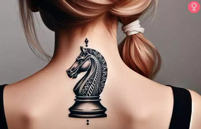 A woman with a knight chess piece tattoo on the back of her neck