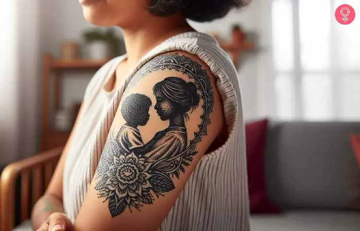 Woman wearing a mother and son tattoo for mom