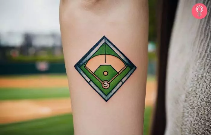 Woman with a baseball diamond tattoo on the forearm
