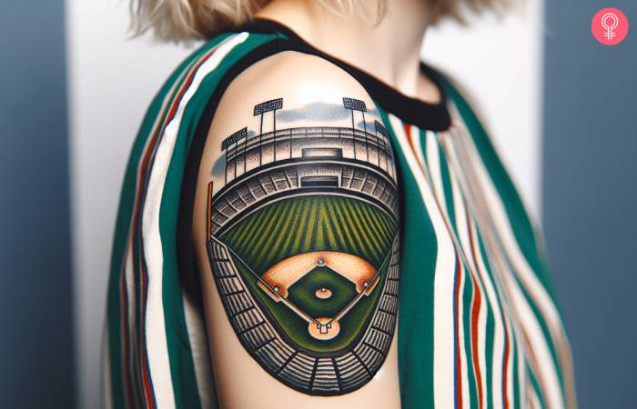 Woman with a baseball field tattoo on the forearm