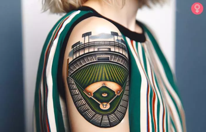 Woman with a baseball field tattoo on the forearm