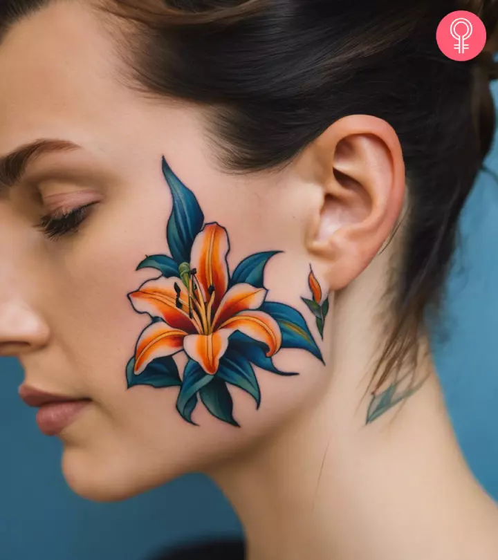 Woman with a lily flower side face tattoo