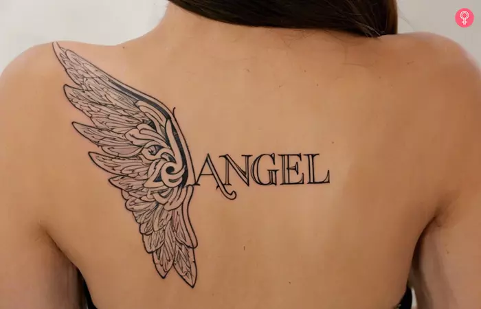 Woman with an ‘Angel’ tattoo on her back