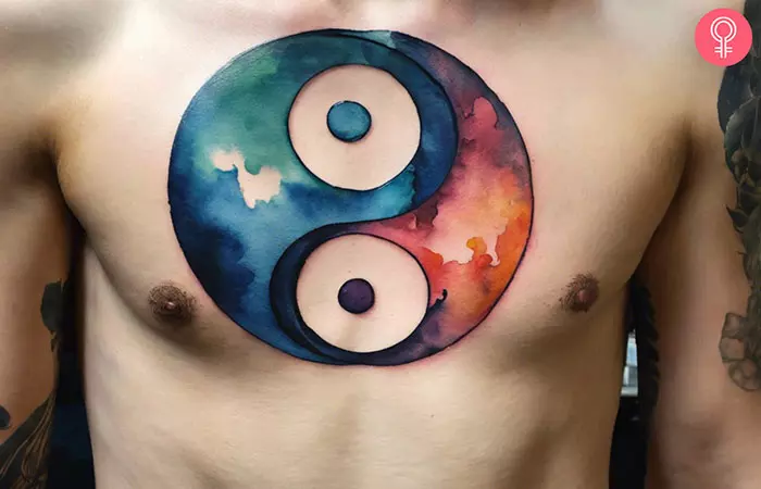 A yin yang tattoo on the chest.