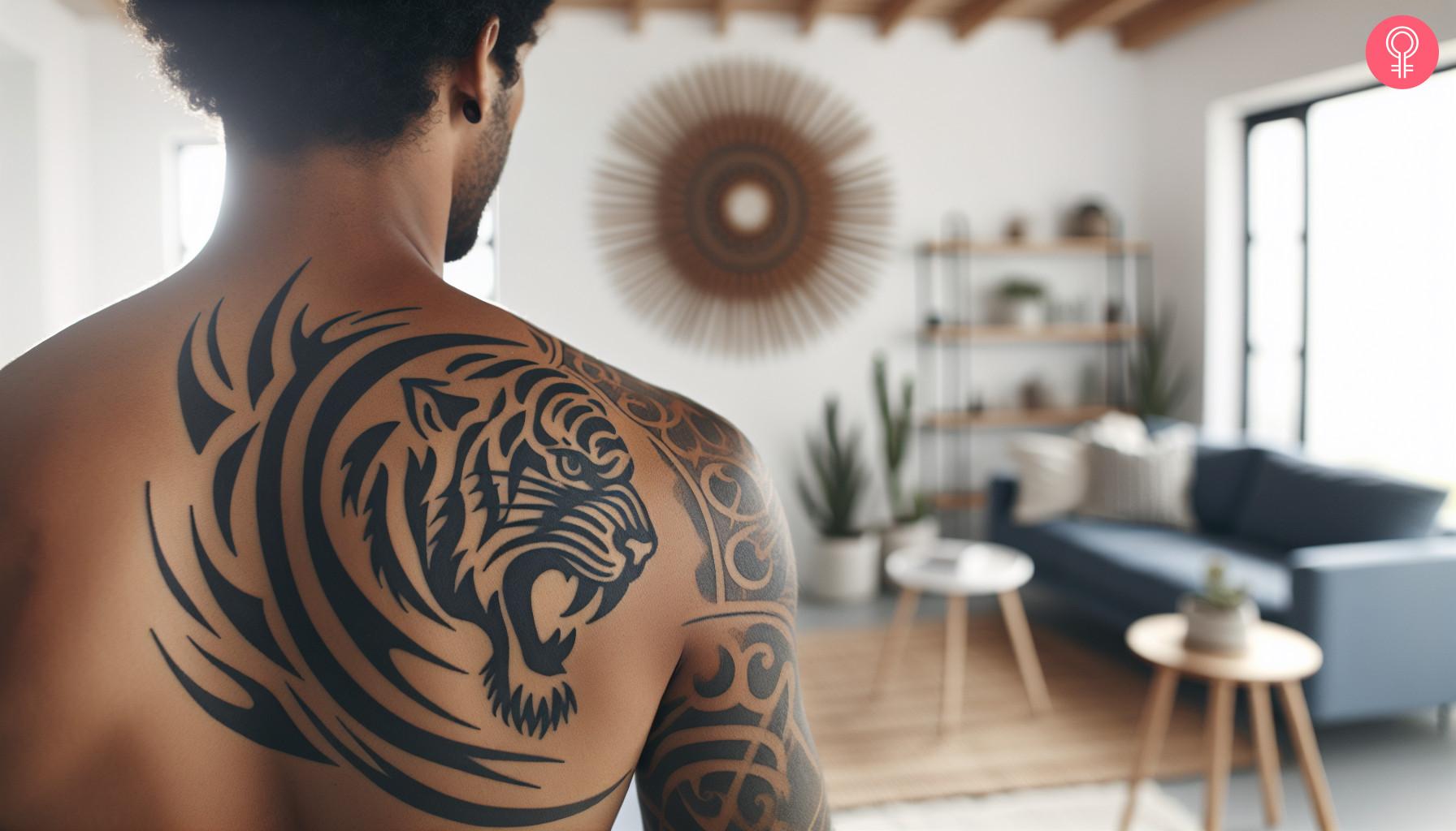 A tribal tiger tattoo on the arm