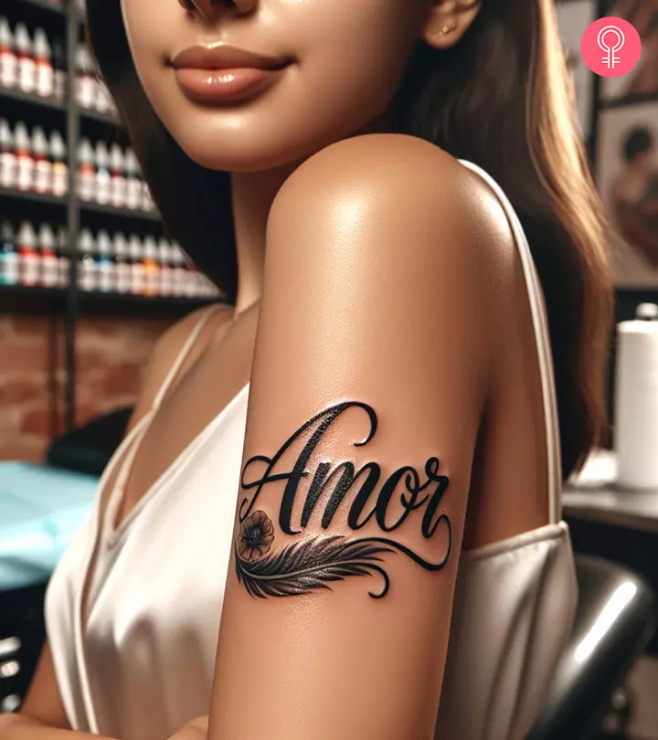 A woman with an “amor” tattoo on her upper arm
