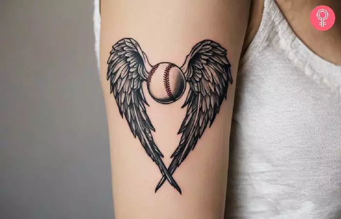 Woman with a baseball memorial tattoo on the lower arm