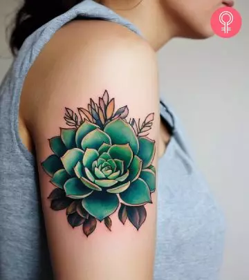 A linework tattoo on a woman’s arm