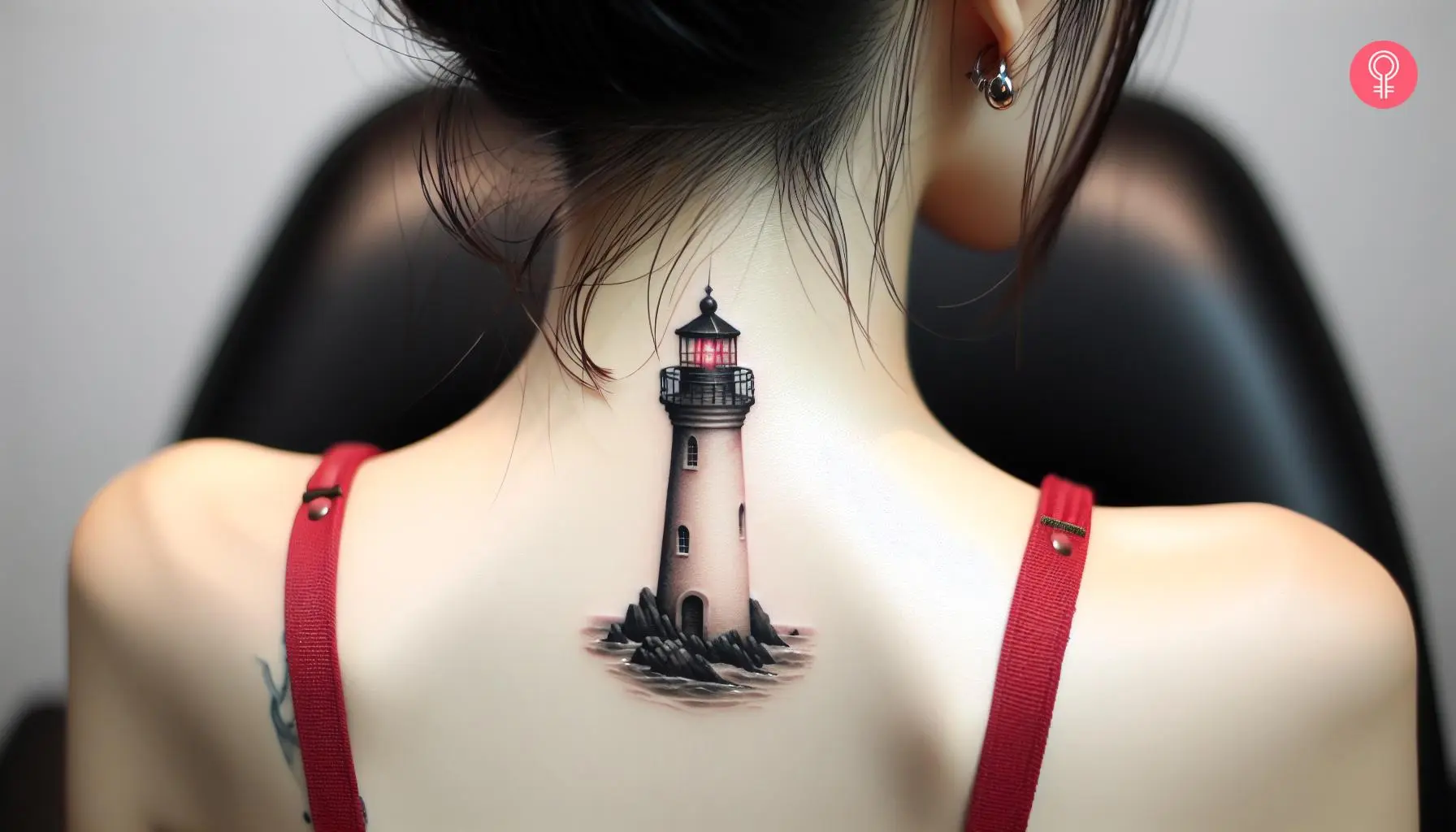 A 3D lighthouse tattoo on a woman’s nape