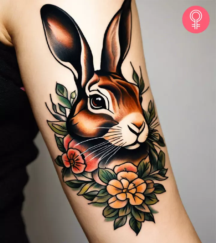 A woman with a rabbit tattoo on her arm
