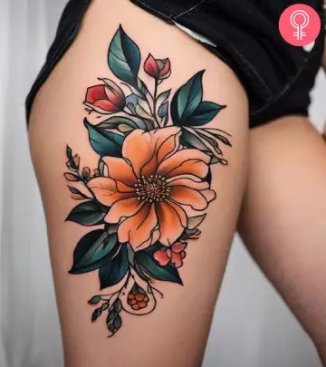 A beautiful rose tattoo on a woman’s thigh