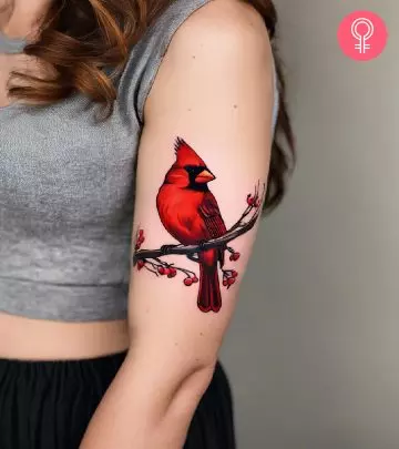 woman with cardinal tattoo on her upper arm