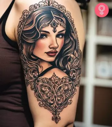 A woman with a filigree tattoo on her upper arm