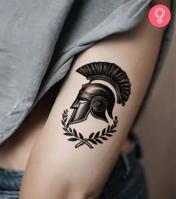 A black ink forearm tattoo with a trident of Poseidon