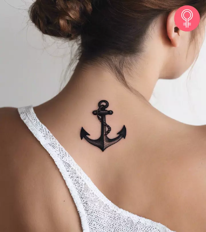 Woman wearing an anchor tattoo on the nape