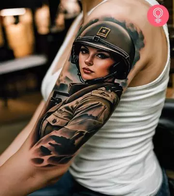 Sniper tattoo on the forearm of a woman