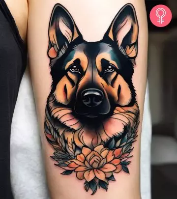 A woman with a vibrant dog tattoo on her forearm