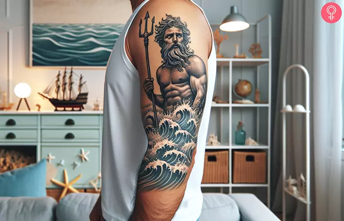 A Poseidon tattoo on the bicep