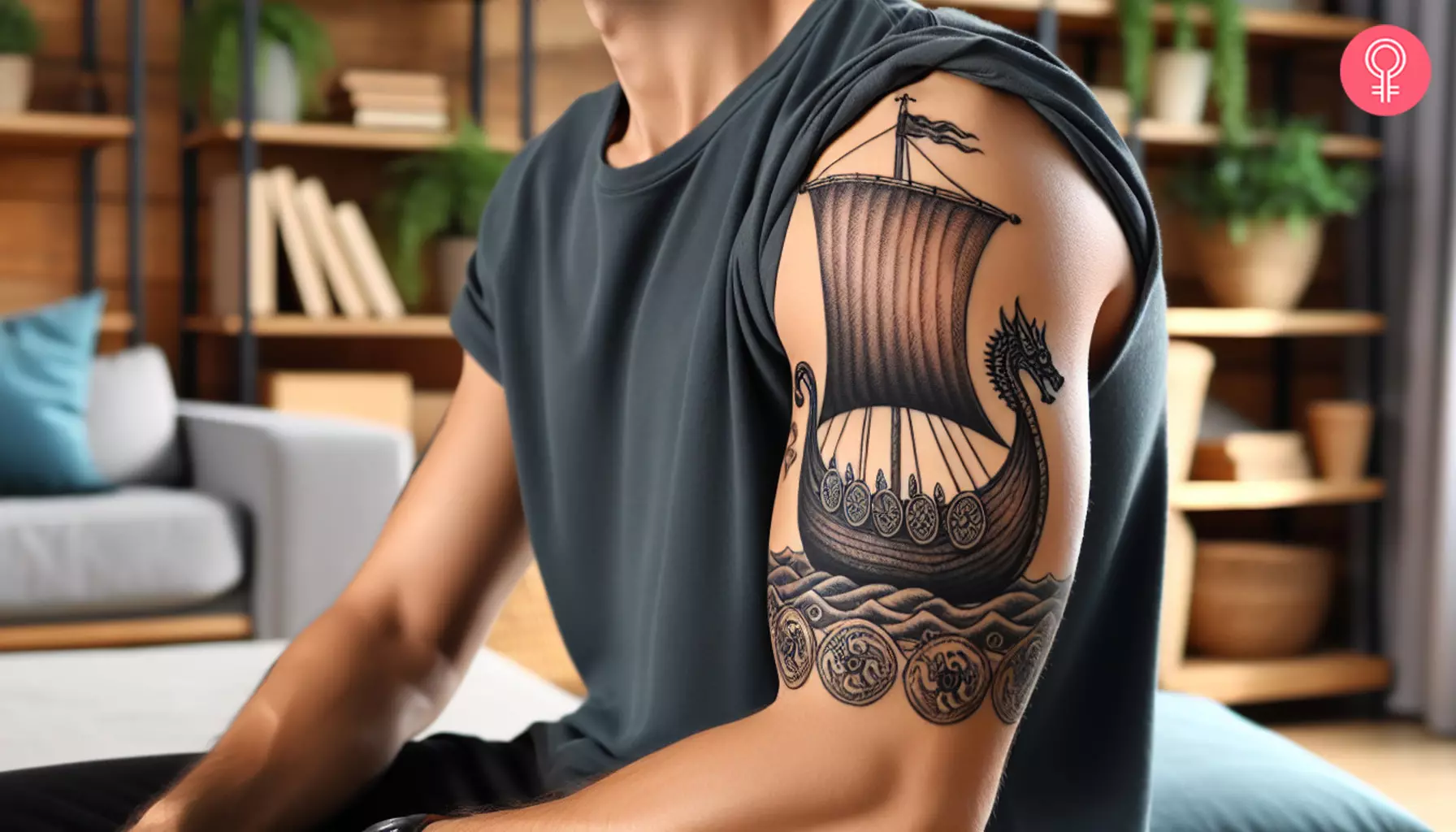A Viking ship tattoo on the upper arm