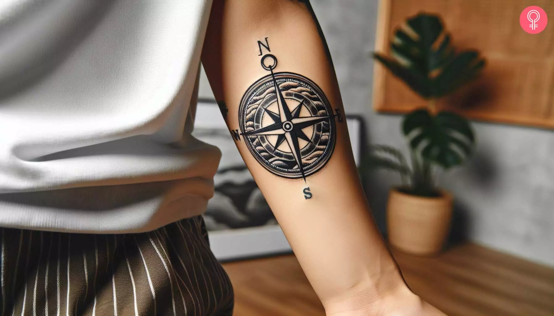 A beautiful compass tattoo on the forearm