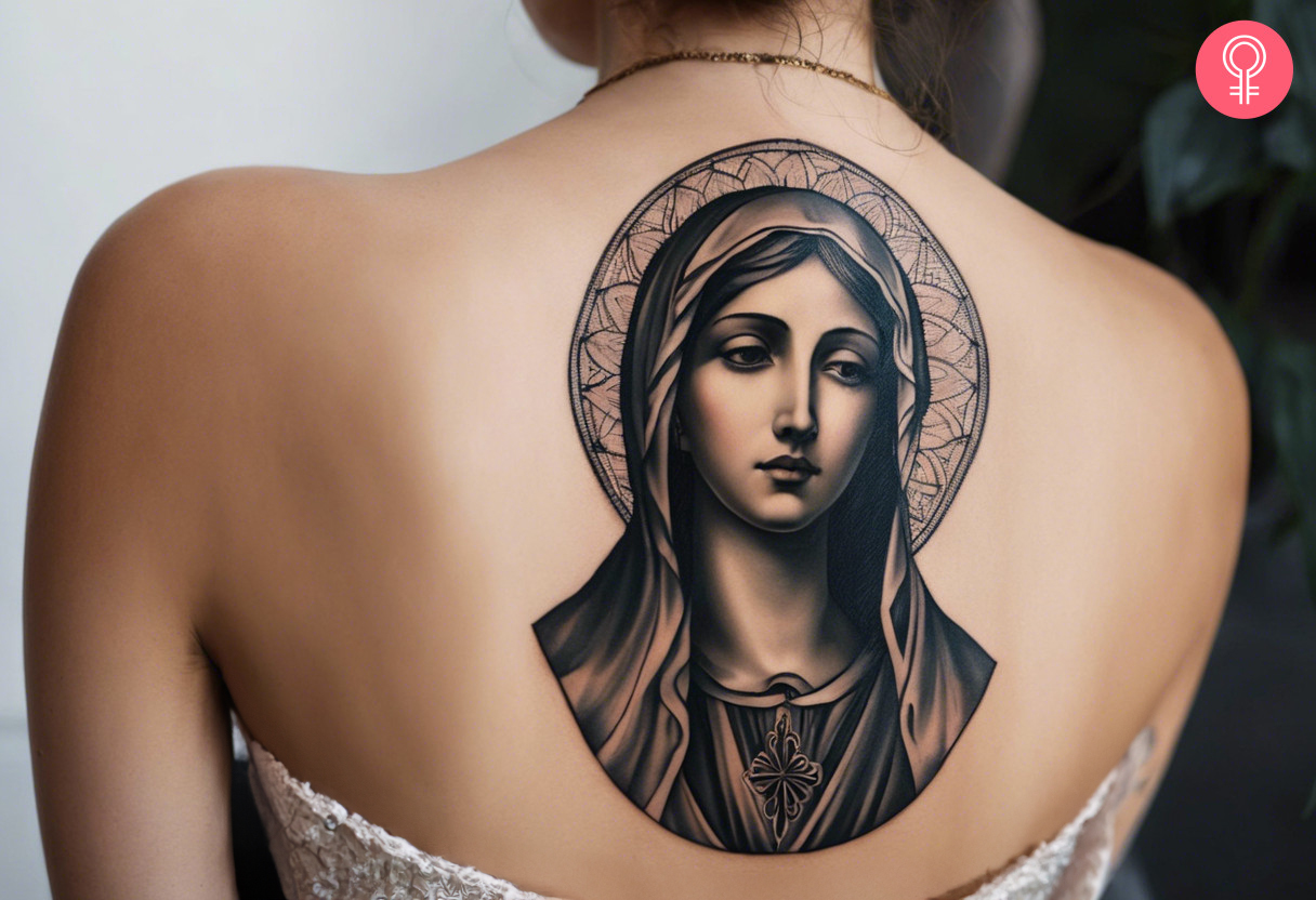 A beautiful tattoo of Mother Mary in black and gray