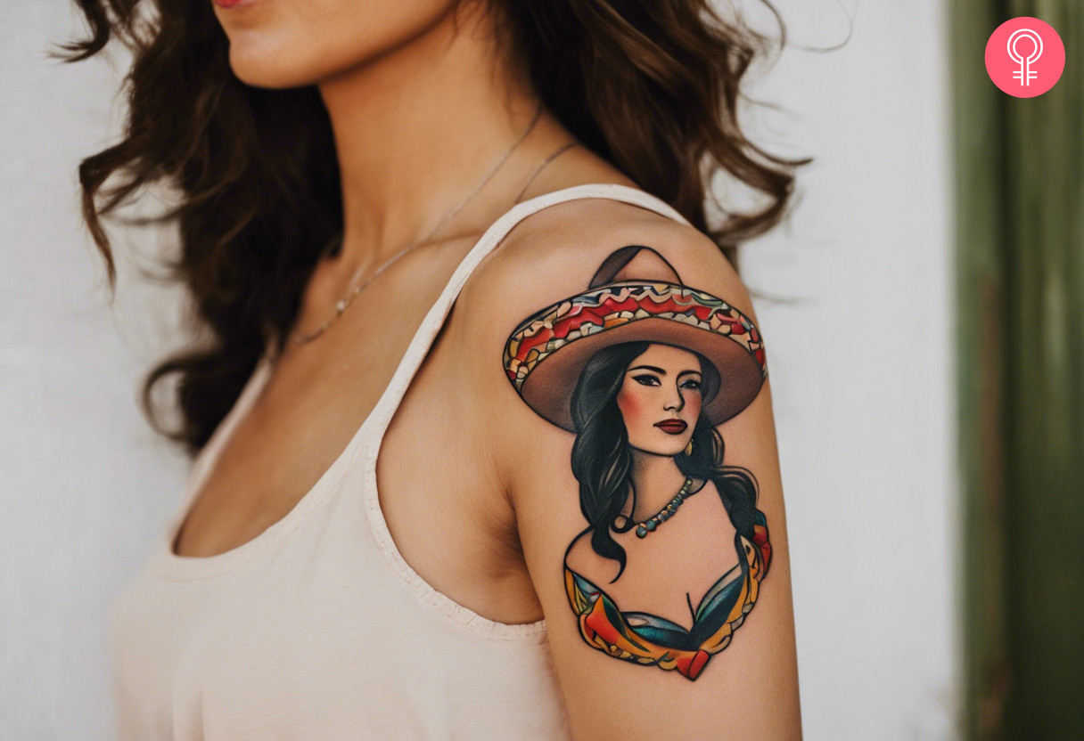 A beautiful tattoo of a woman wearing a sombrero