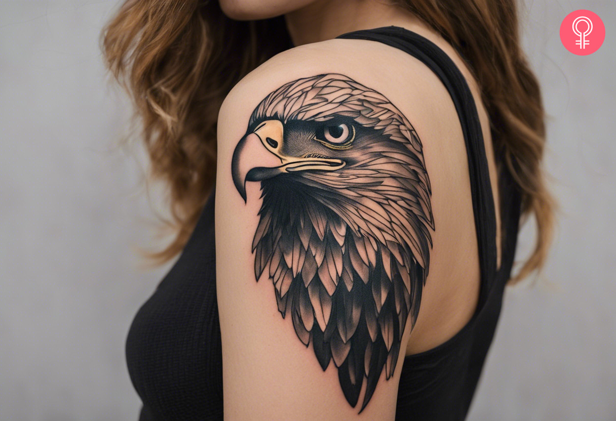 A bold and beautiful eagle head tattoo on the upper arm and shoulder cuff
