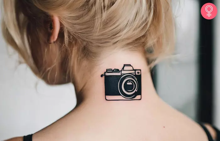 A camera tattoo on the neck