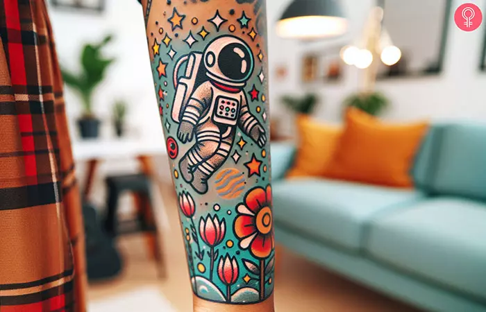 A cartoon astronaut tattoo on a woman’s forearm