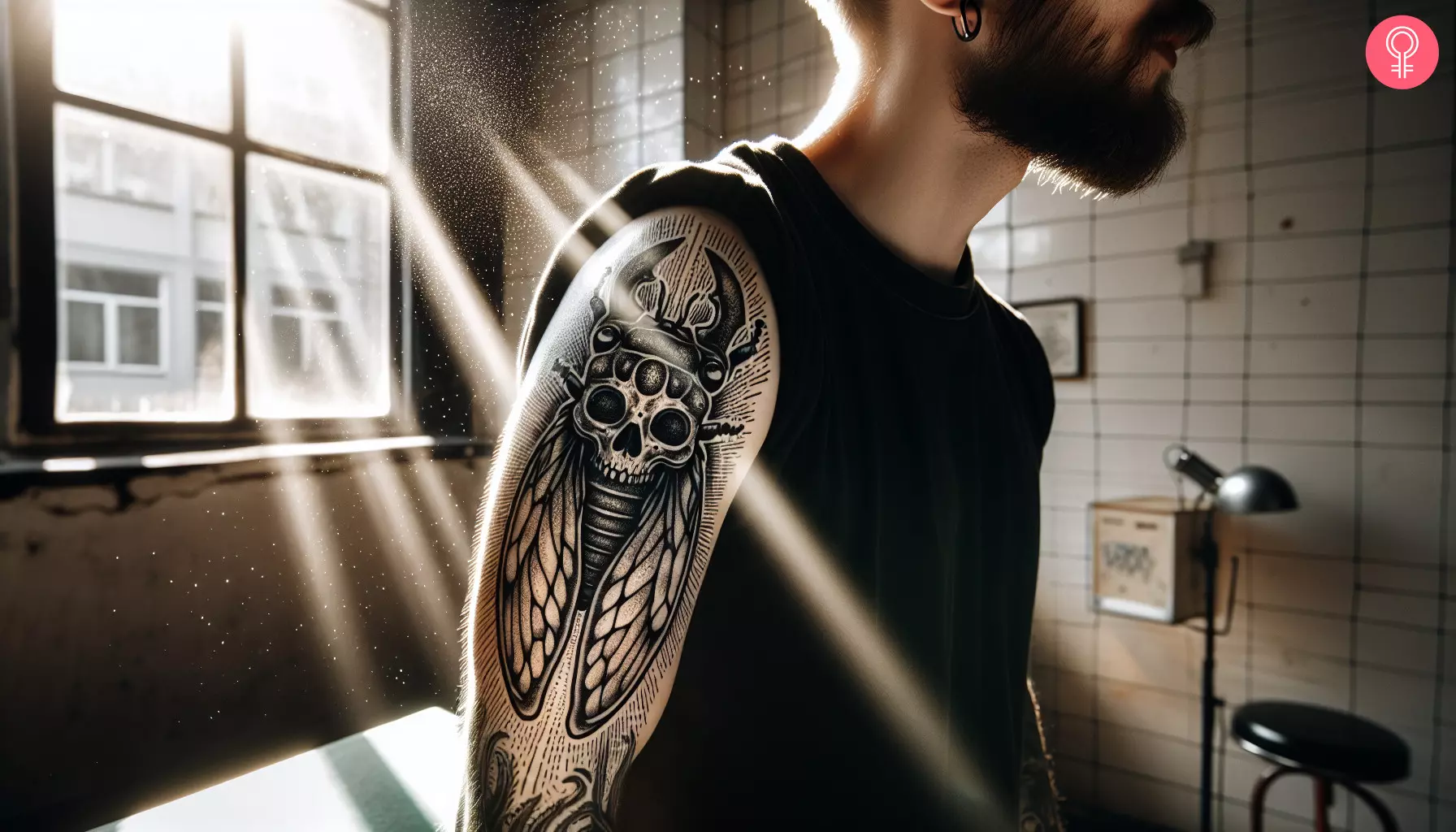 A cicada skull tattoo on the upper arm