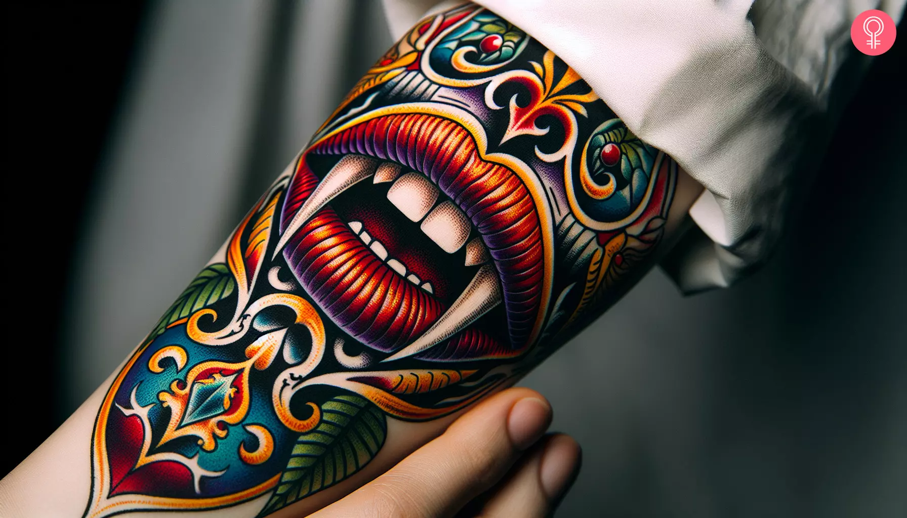 A colorful vampire lips tattoo inked on the forearm
