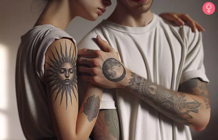 A couple with sun and moon tattoos