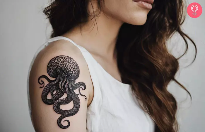 A dotwork Kraken tattoo on the upper arm