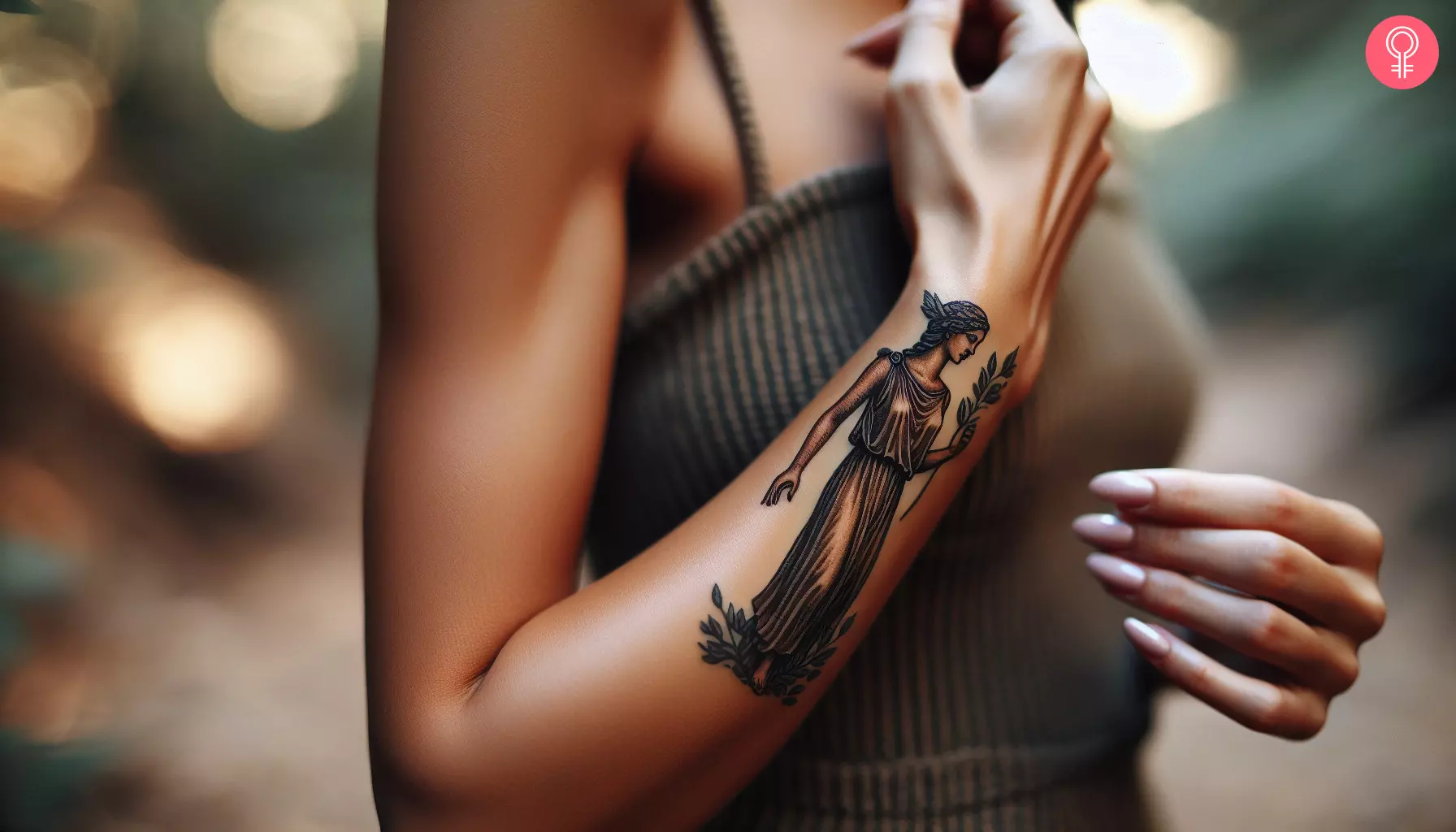 A feminine Athena goddess tattoo on the forearm