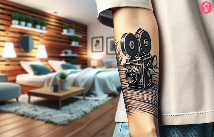 A film camera tattoo on the forearm