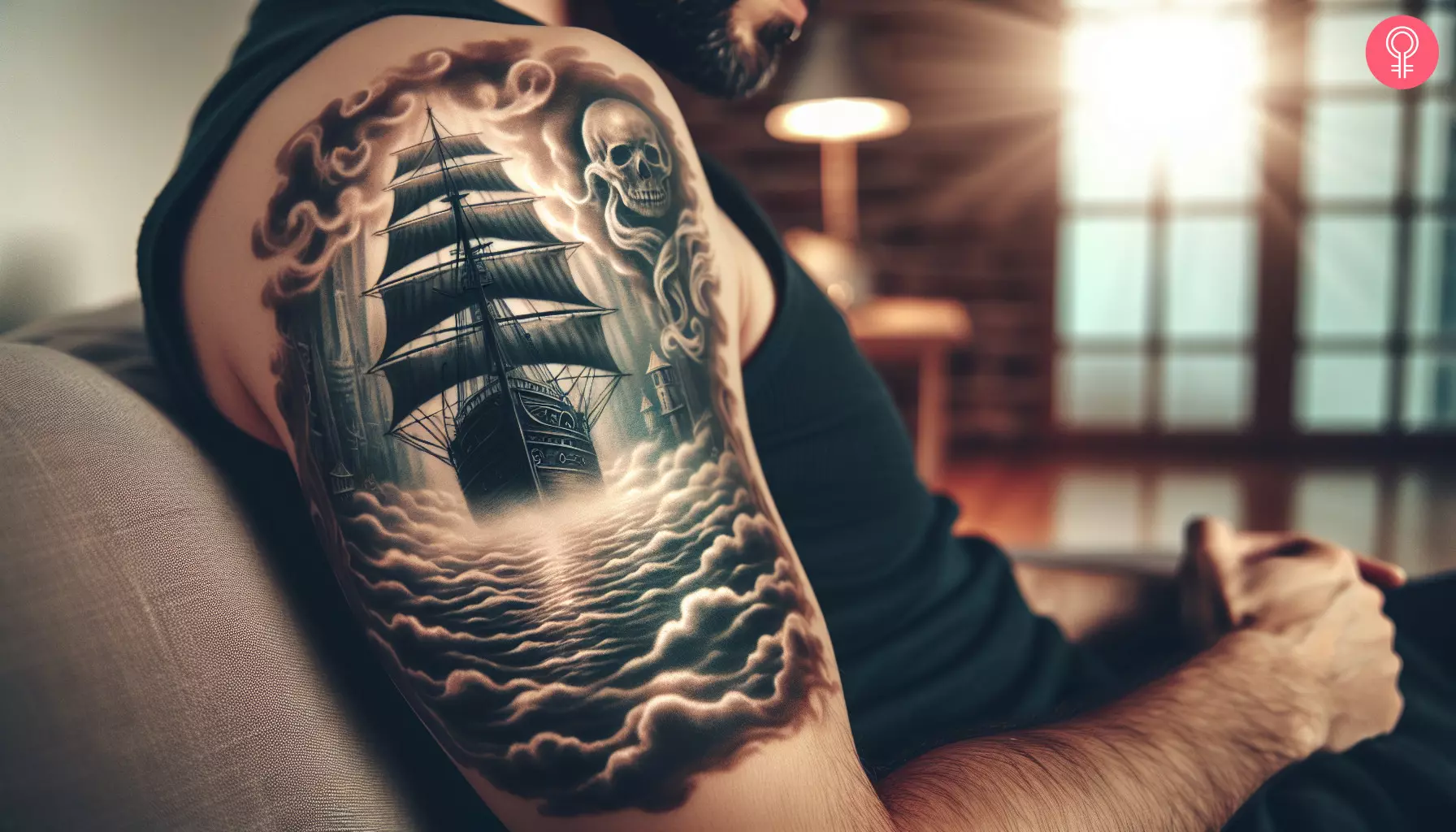 A ghost ship tattoo on the upper arm